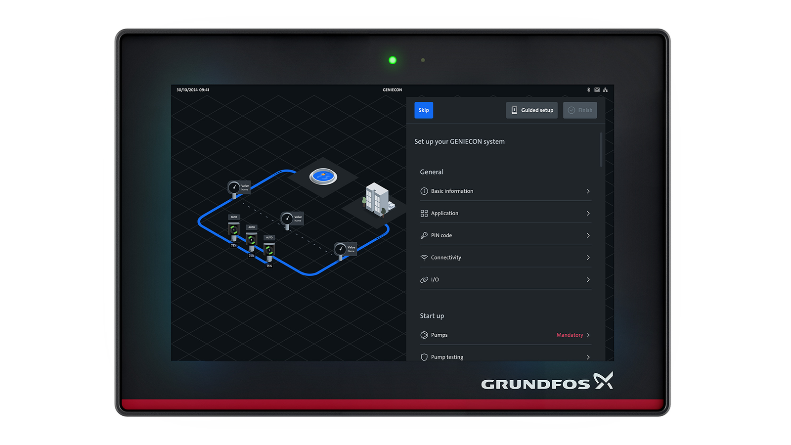 Guided commissioning setup flow — blurred for client confidentiality