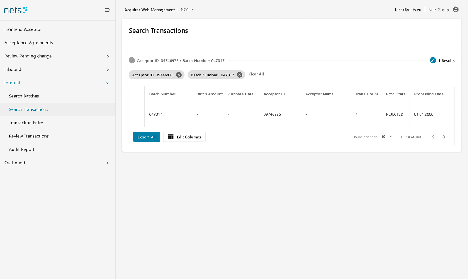 Search Transactions results with active filters (blurred for client confidentiality)