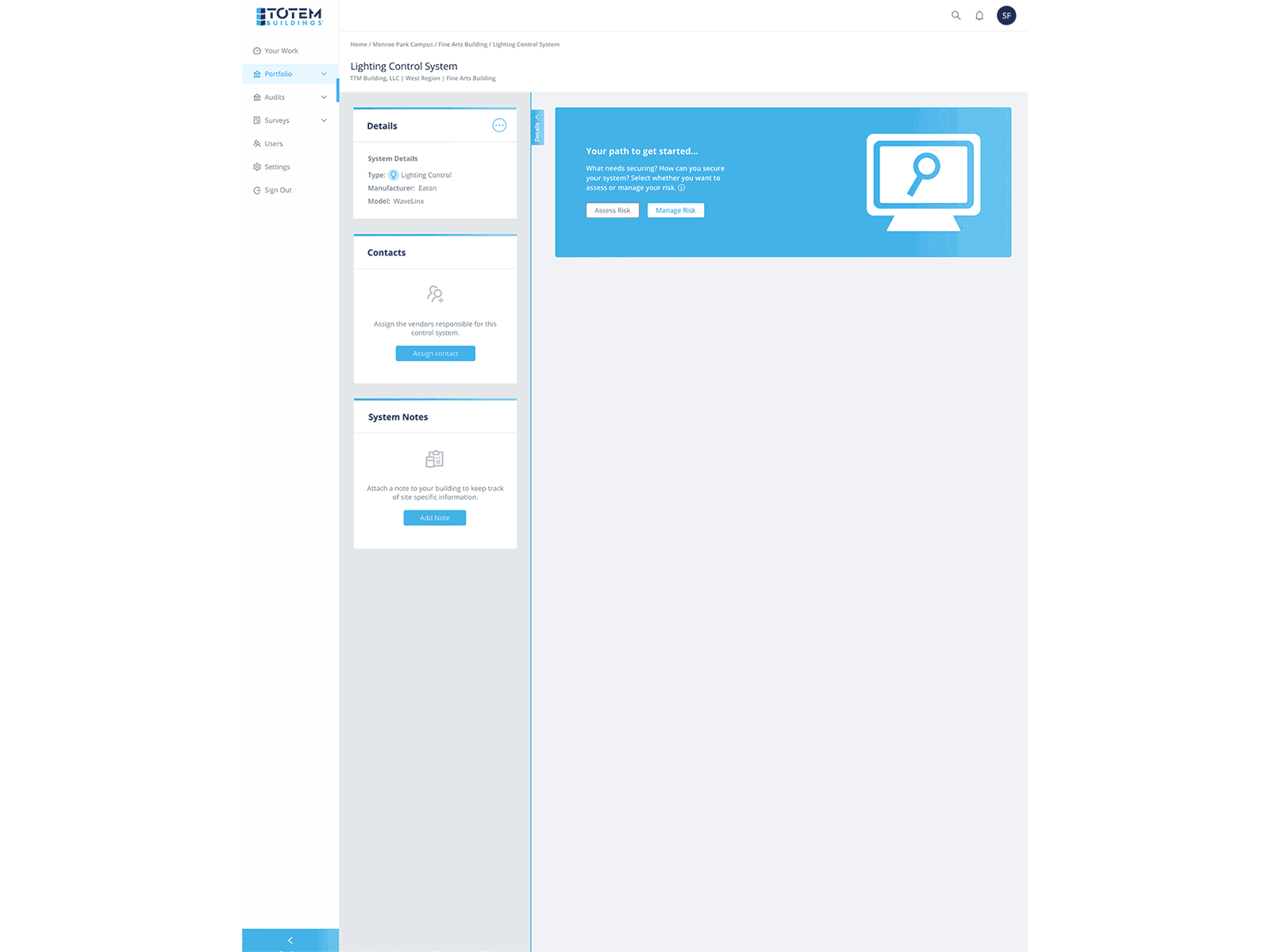 Final flow: entering a control system and choosing an Assess Risk or Manage Risk path