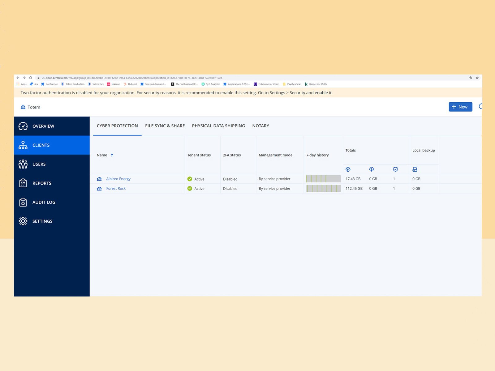 Legacy Acronis console: manual, per-tenant checks with no cross-portfolio visibility