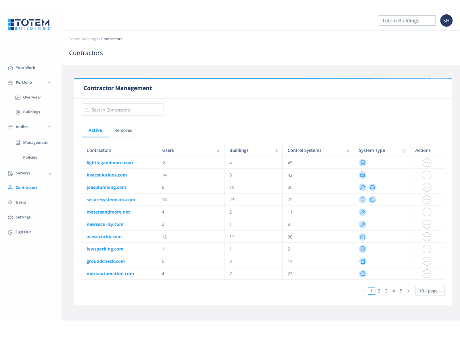 Contractor management workspace in motion — search, filter, and system-type triage