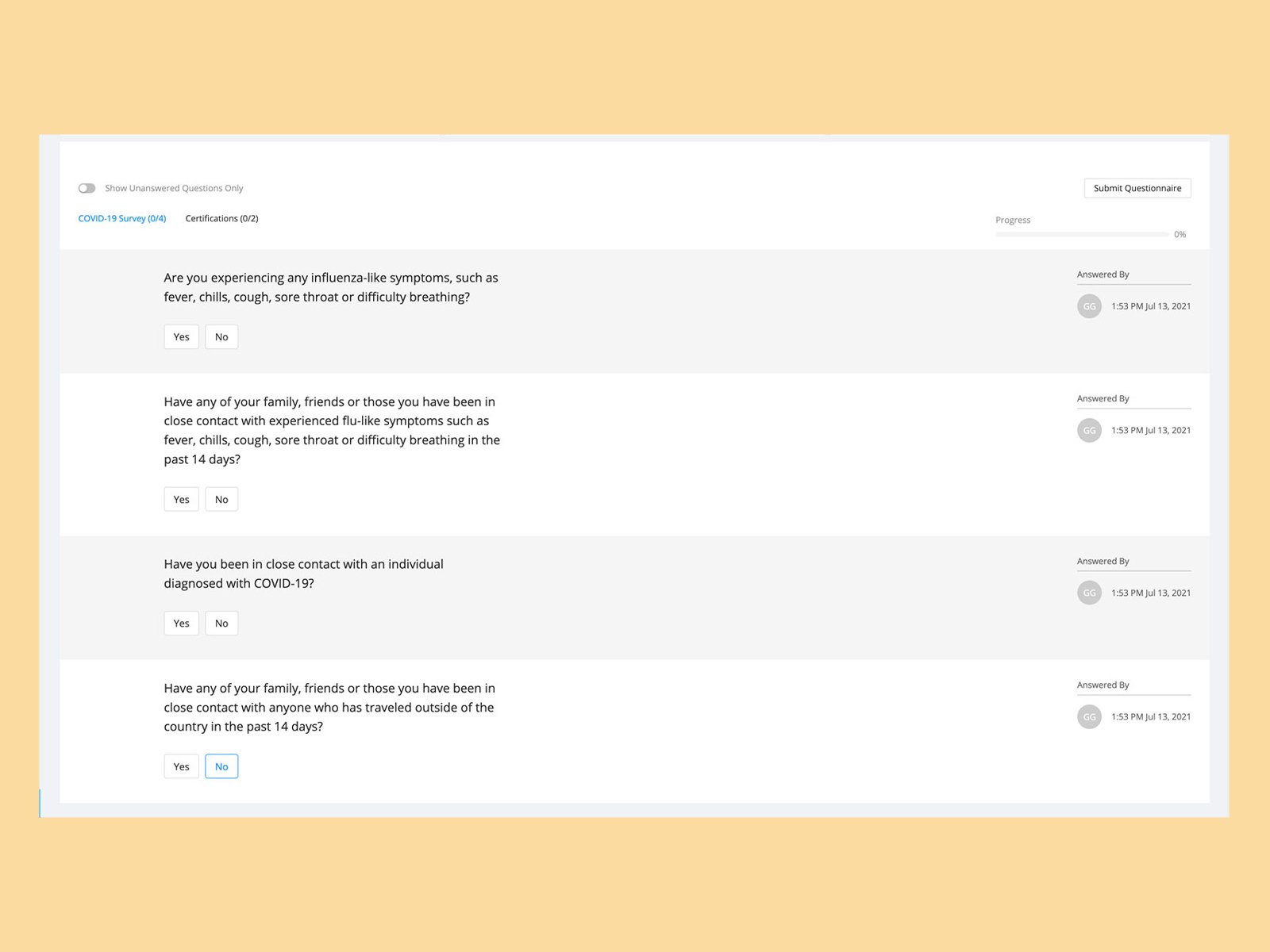COVID-19 self-screening questionnaire — contractor-facing survey